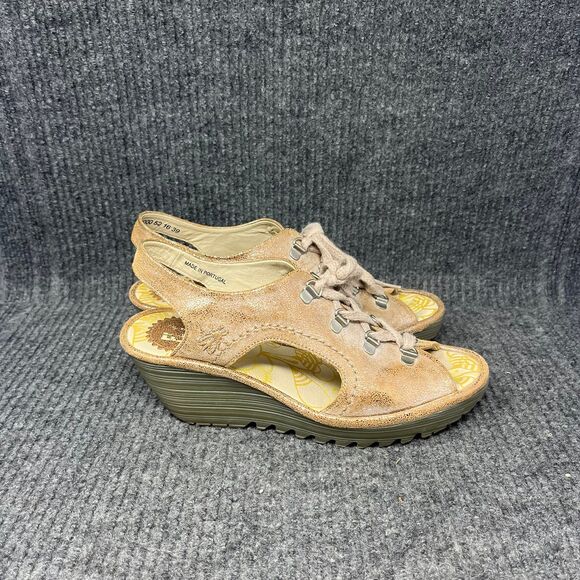 Fly London Ylfa Lace Up Wedge Sandals Metallic Leather Womens 39 / 8.5 US - Picture 1 of 7